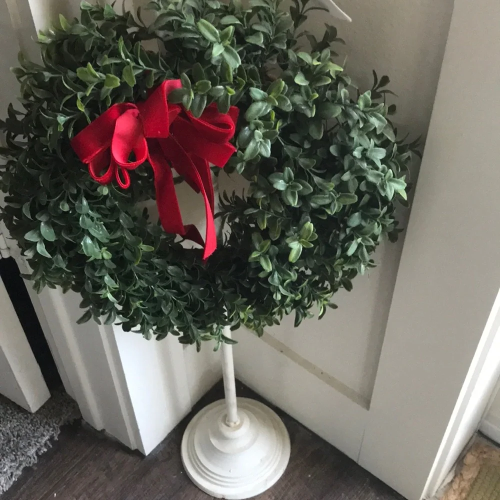 Faux Boxwood Wreath Home Decor Red Bow Final Sale